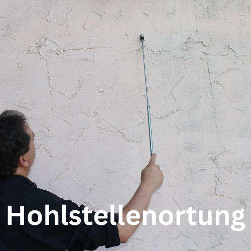 Mann mit Resonanztaster an roasa Wand mit Link zur Kategorie Hohlstellenortung